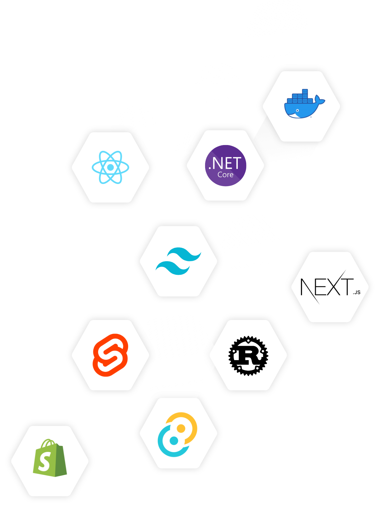 Logos unseres Tech-Stacks: Docker, .NET Core, React, Tailwind, nodeJs, Svelte, Rust, Shopify, C++